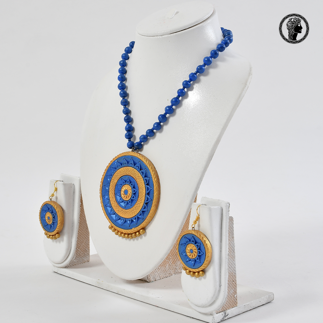 Blue Color Beaded Handmade Terracotta Necklace with Earrings 2.JPG