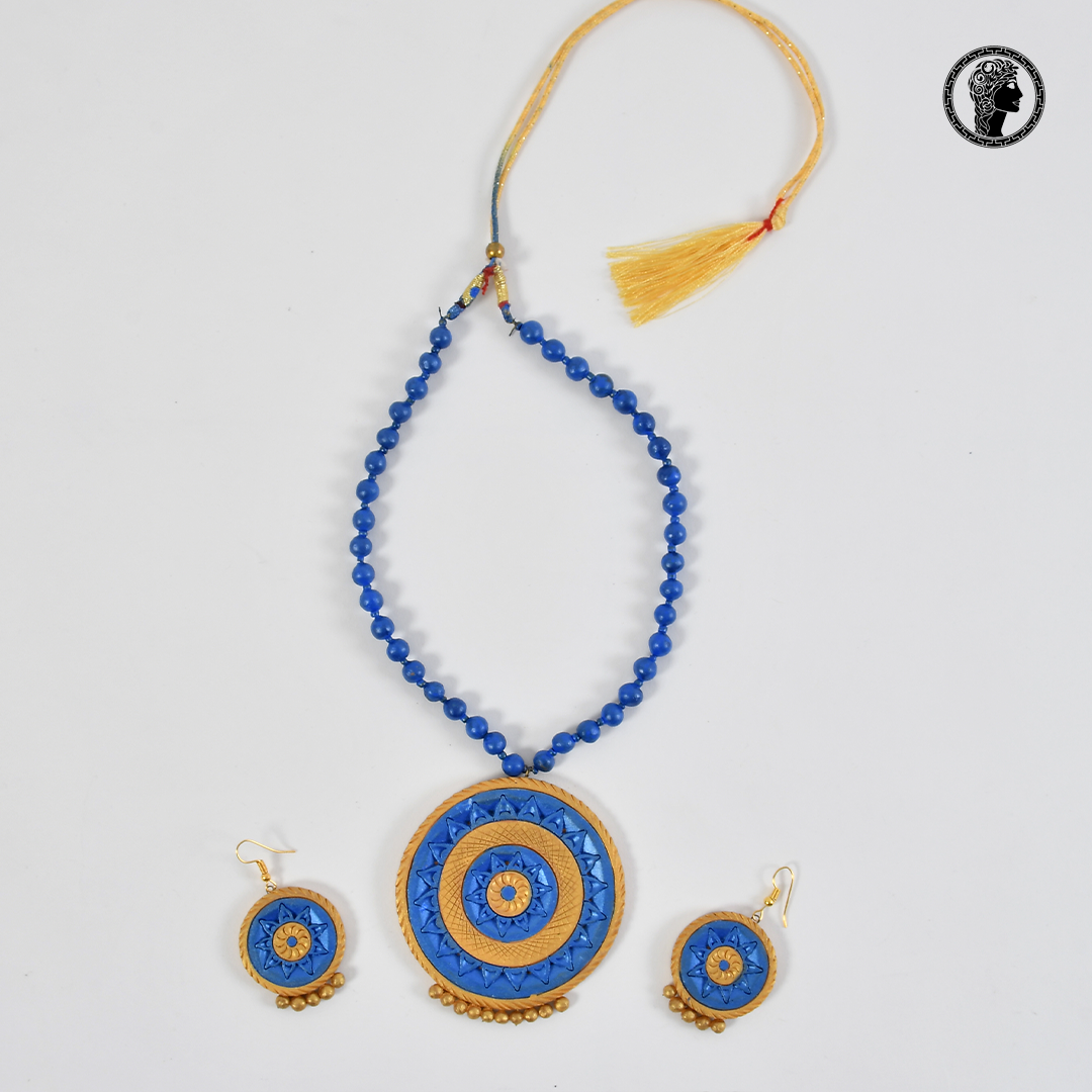 Blue Color Beaded Handmade Terracotta Necklace with Earrings 3