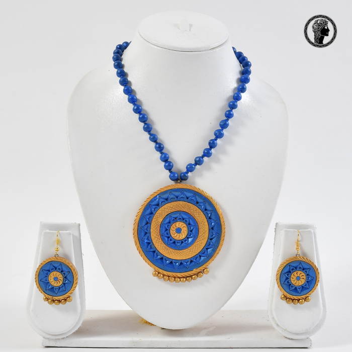 Blue Color Beaded Handmade Terracotta Necklace with Earrings