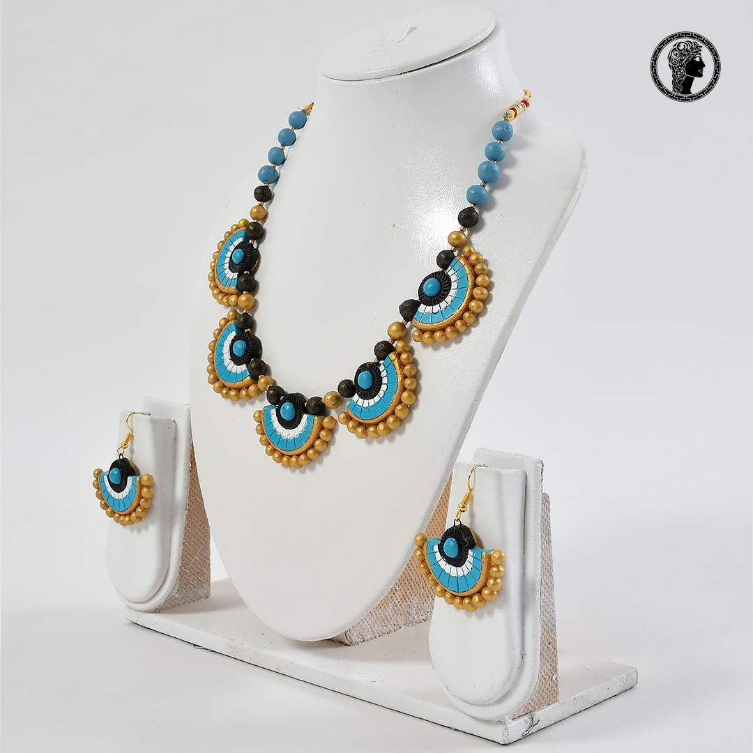 Blue Color Golden Beaded Handmade Terracotta Necklace with Earrings 2