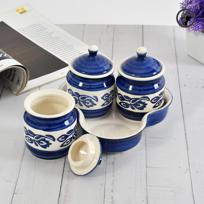 Designer Blue Ceramic Pickle Jars with Tray 1.JPG