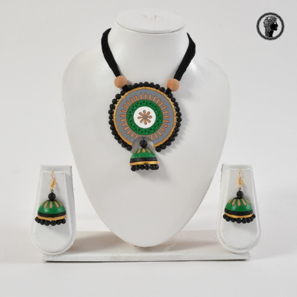 Ethnic Black and Green Color Handmade Terracotta Necklace and Earrings 1