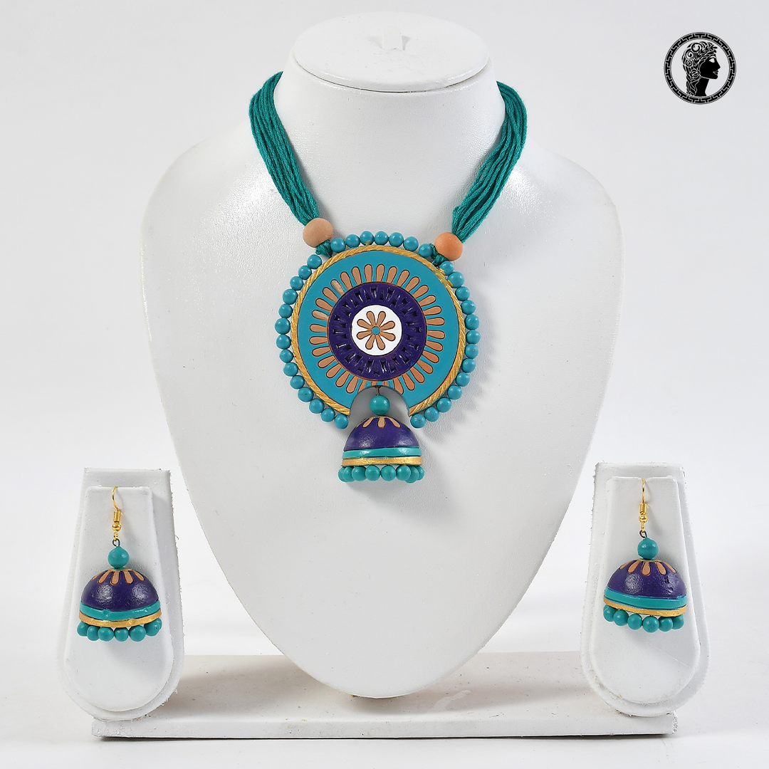 Ethnic Blue and Green Color Handmade Terracotta Necklace and Earrings 1.JPG