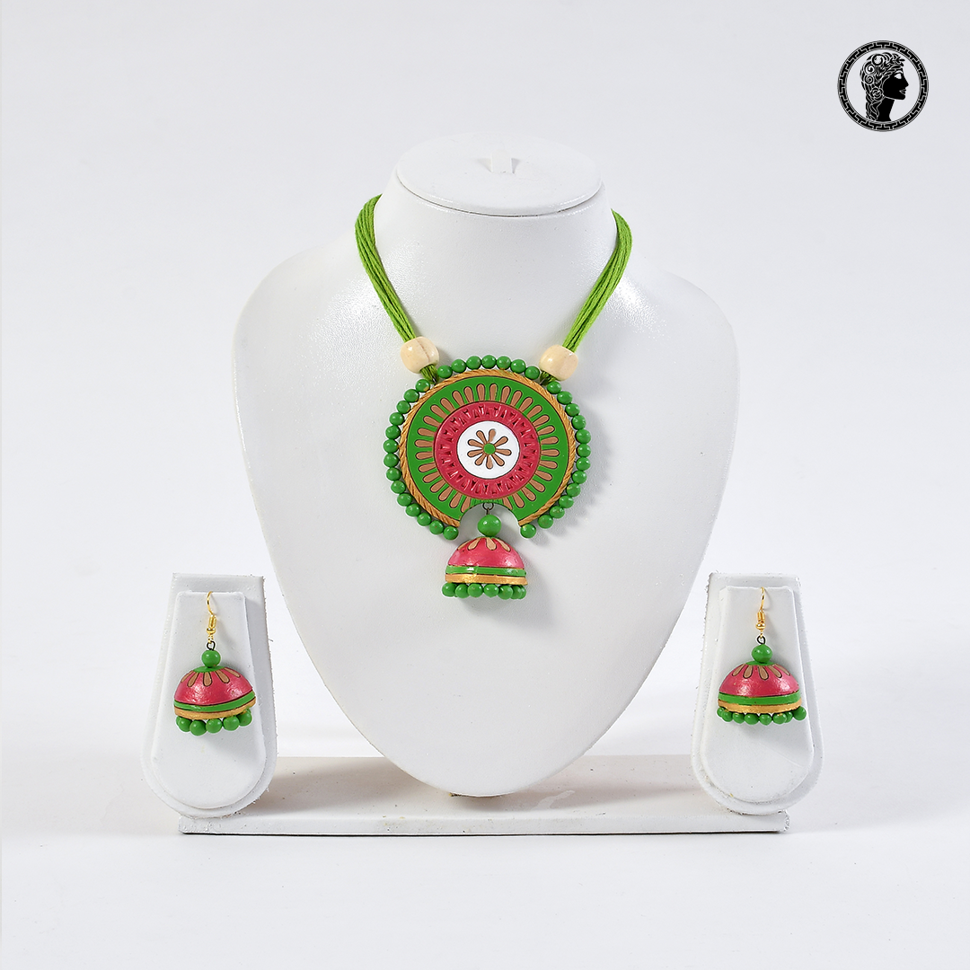 Ethnic Red and Green Color Handmade Terracotta Necklace and Earrings 1