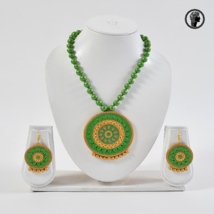 Green Color Beaded Handmade Terracotta Necklace with Earrings 1