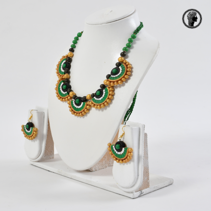 Green Color Golden Beaded Handmade Terracotta Necklace with Earrings 2