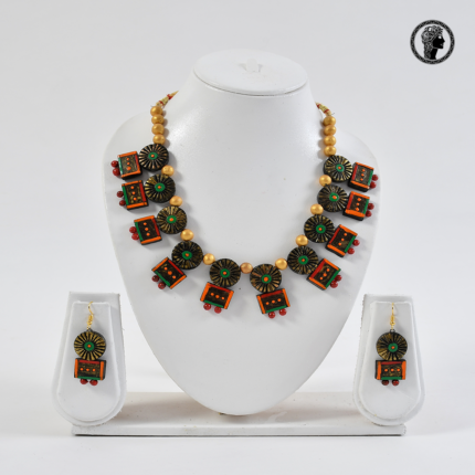 Handmade Ancient Style Terracotta Necklace with Earrings Orange 1