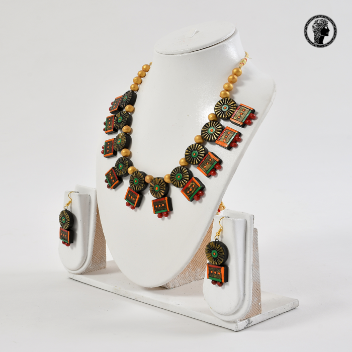 Handmade Ancient Style Terracotta Necklace with Earrings Orange 2