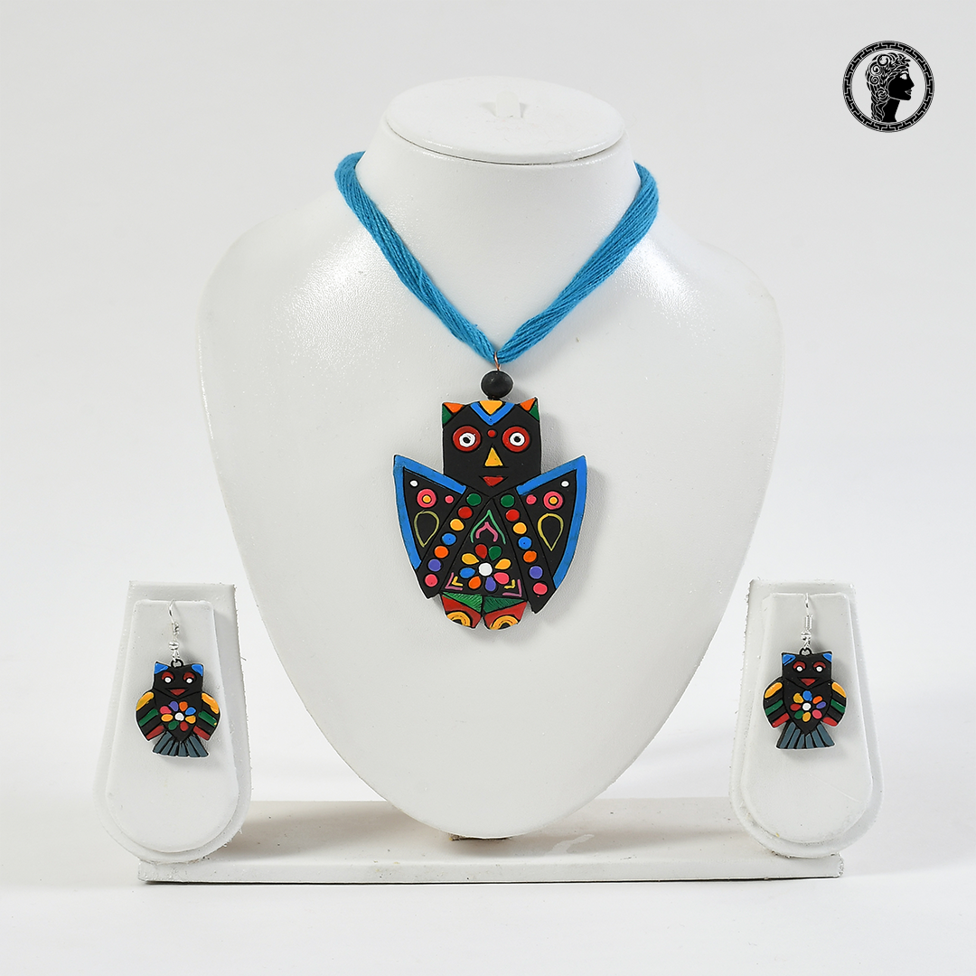 Owl Shape Handmade Terracotta Necklace with Earrings 1
