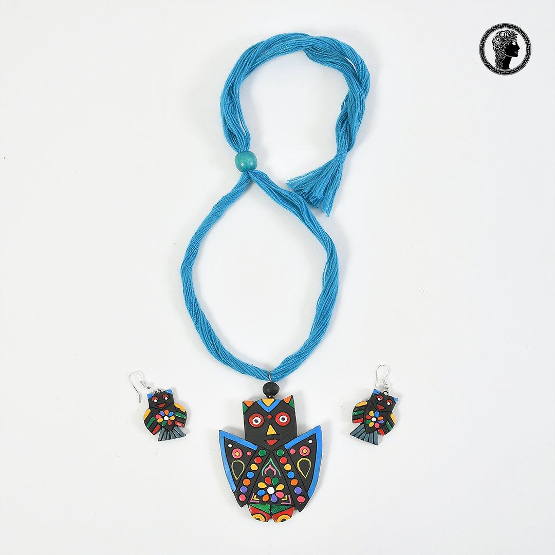 Owl Shape Handmade Terracotta Necklace with Earrings 3